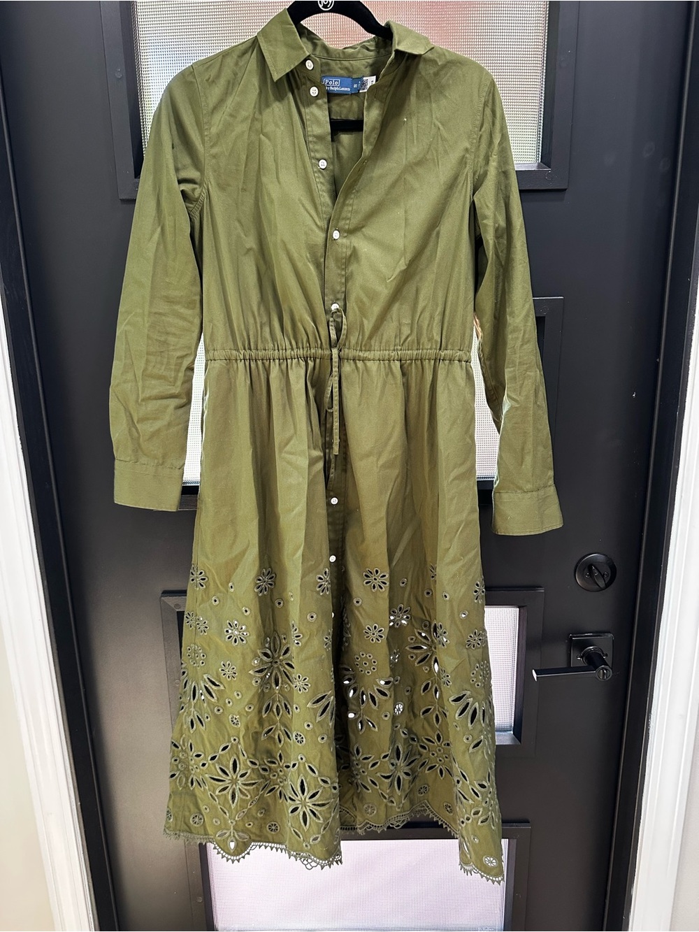 Ralph Lauren Olive Green Eyelet Hem Shirtwaist Midi Dress